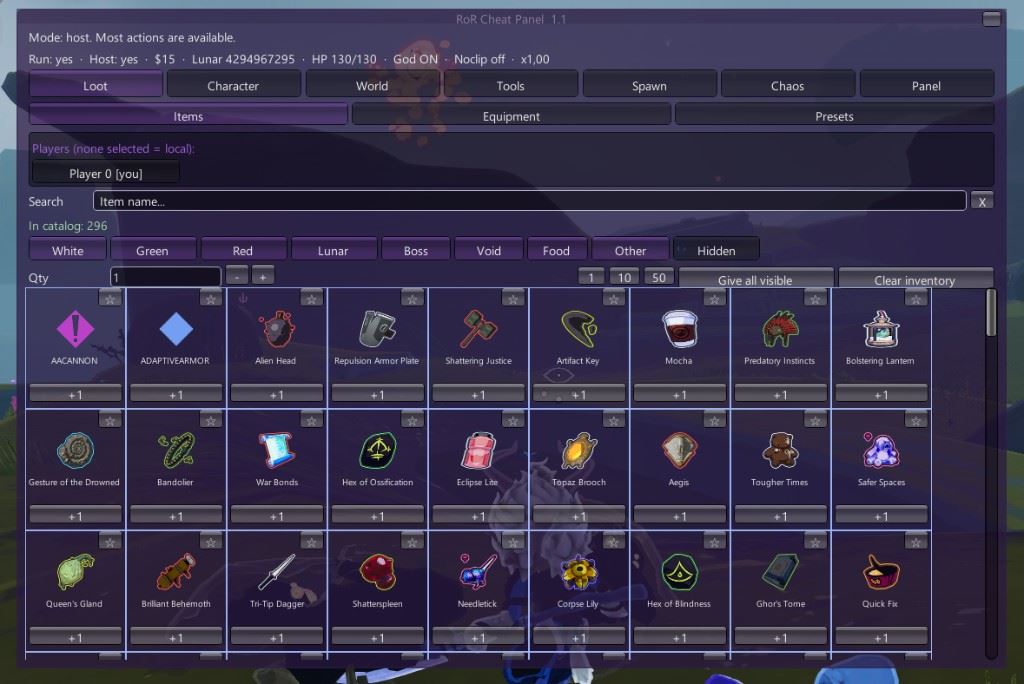 RoR Cheat Panel item grid