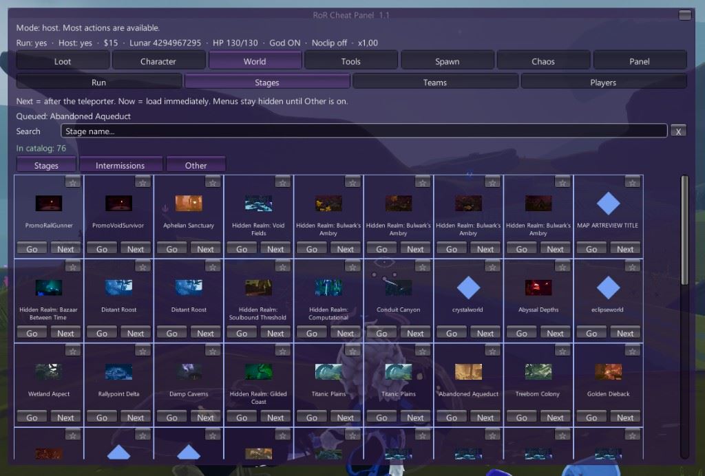RoR Cheat Panel stage picker